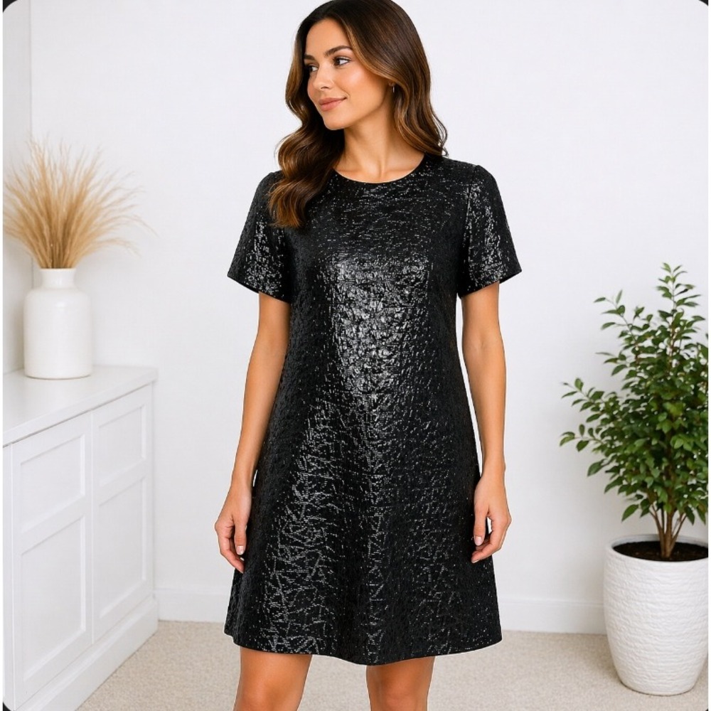 NWT LOFT Shift Dress 6P Black Metallic Jacquard Bow Back‎ Short Sleeve Shimmer